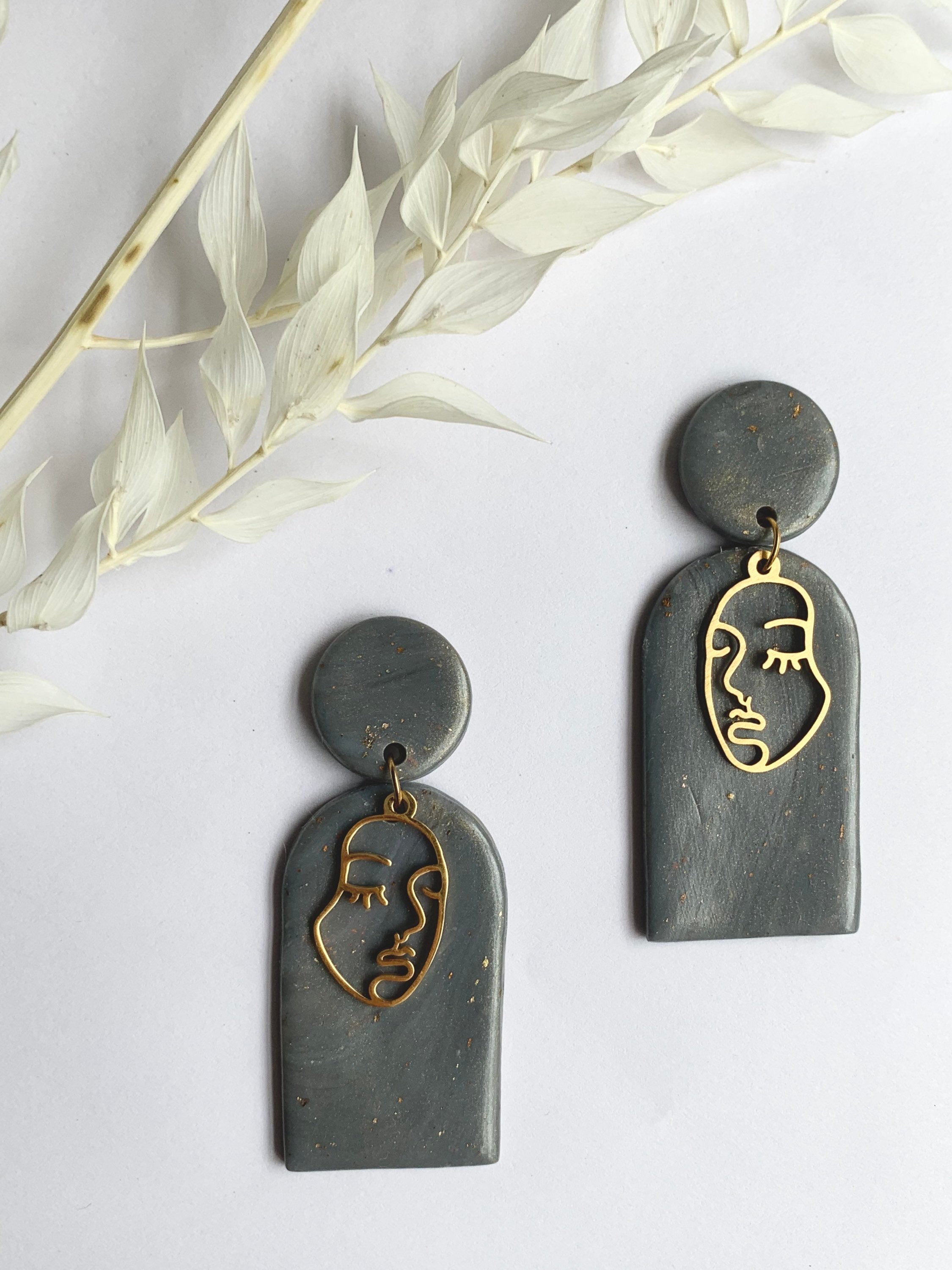 Hypatia Grey Arch and Gold Face Silhouette Earrings Athina Designs